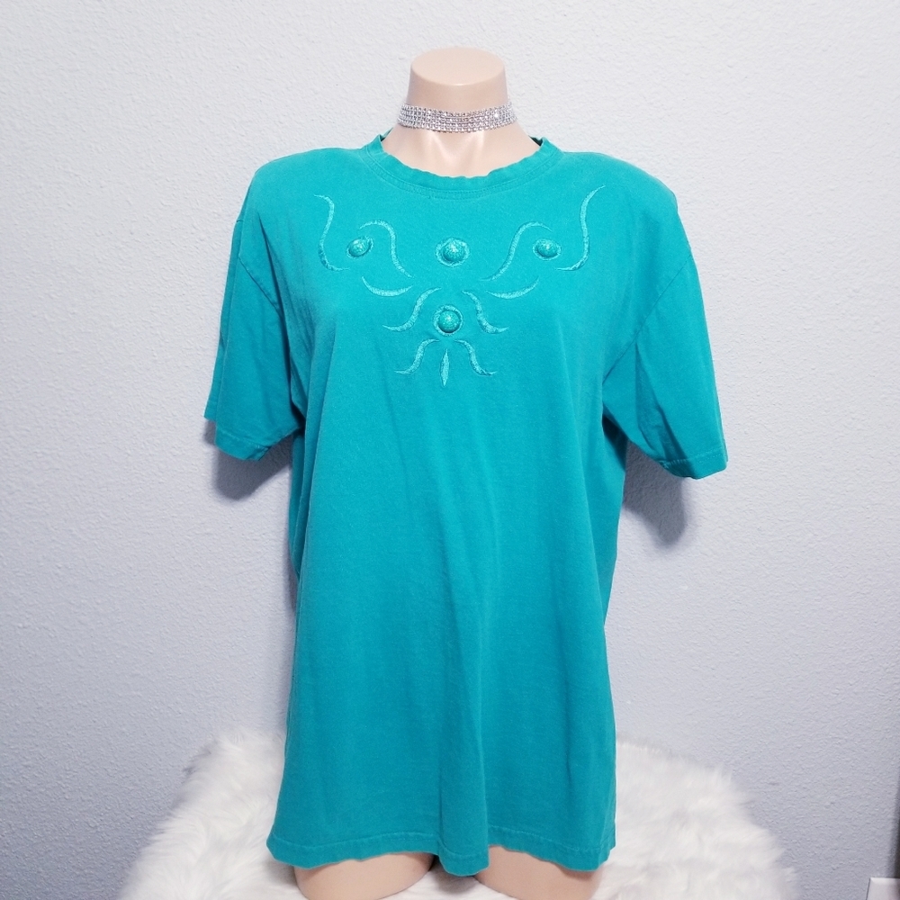 Vintage 80's retro New Wave green t shirt top blouse - Picture 1 of 5